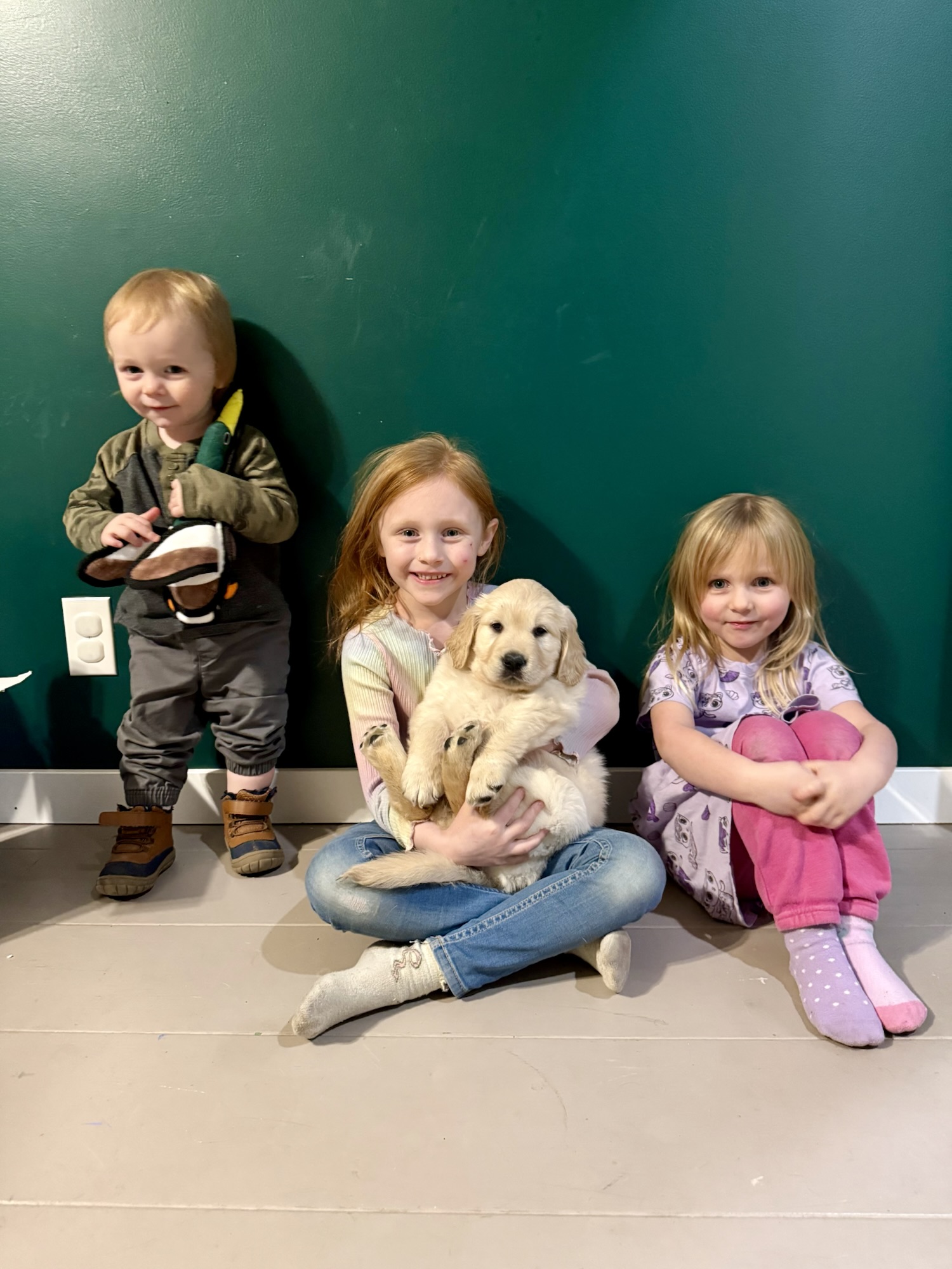 Three young siblings sitting on the floor together with a new puppy.