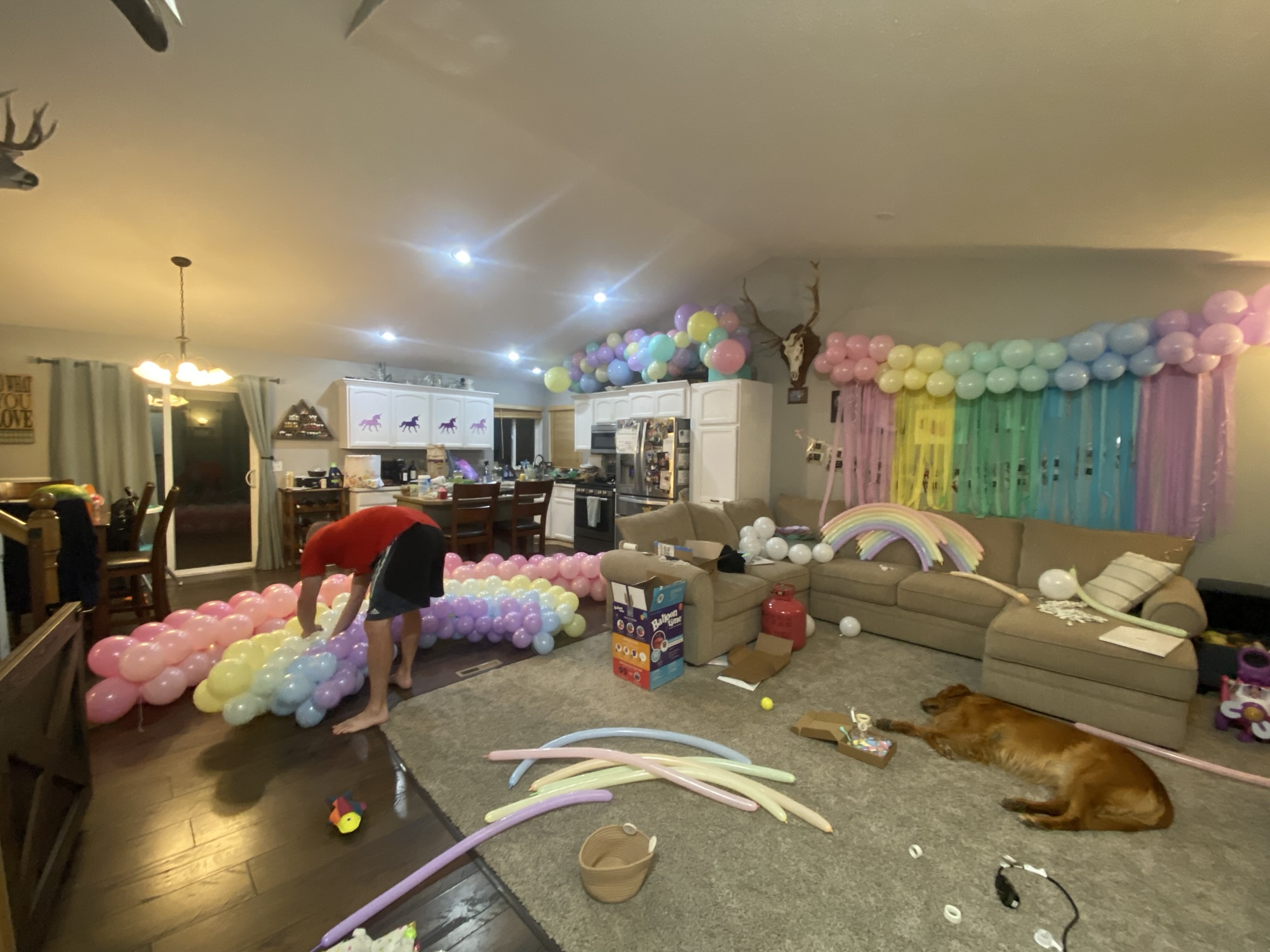 Birthday party set up in progress with parents decorating the house the night before with pastel balloons.